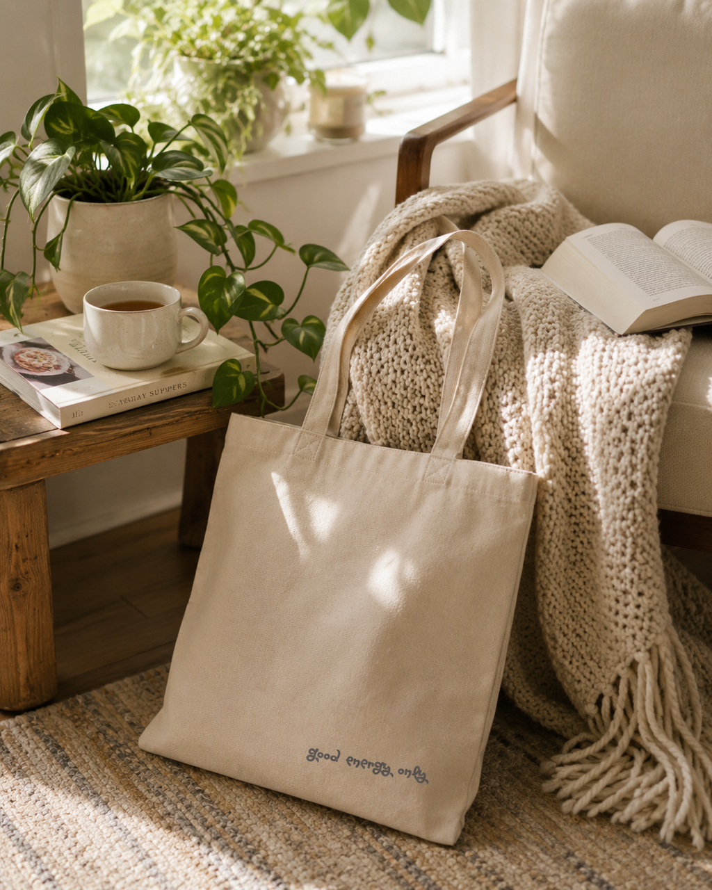 Good Energy Only canvas tote leaning against a cozy armchair with a knit blanket, coffee and plants