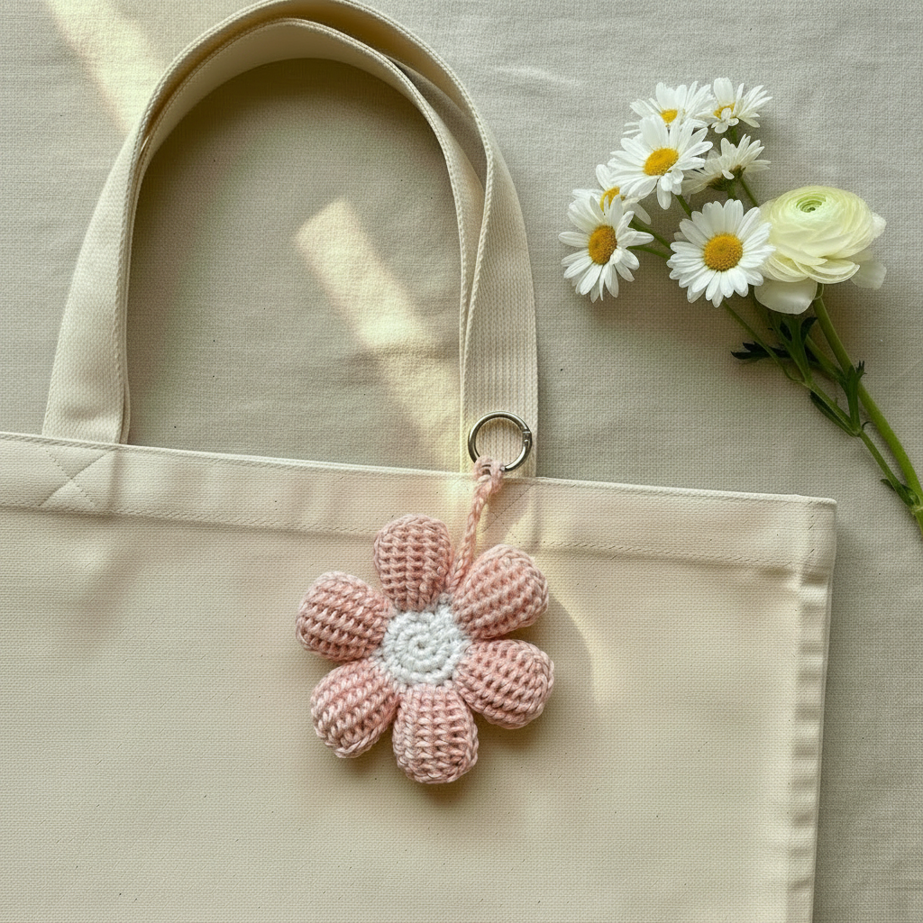 Pink crochet flower bag charm on cream canvas tote with floral arrangement on linen flat lay