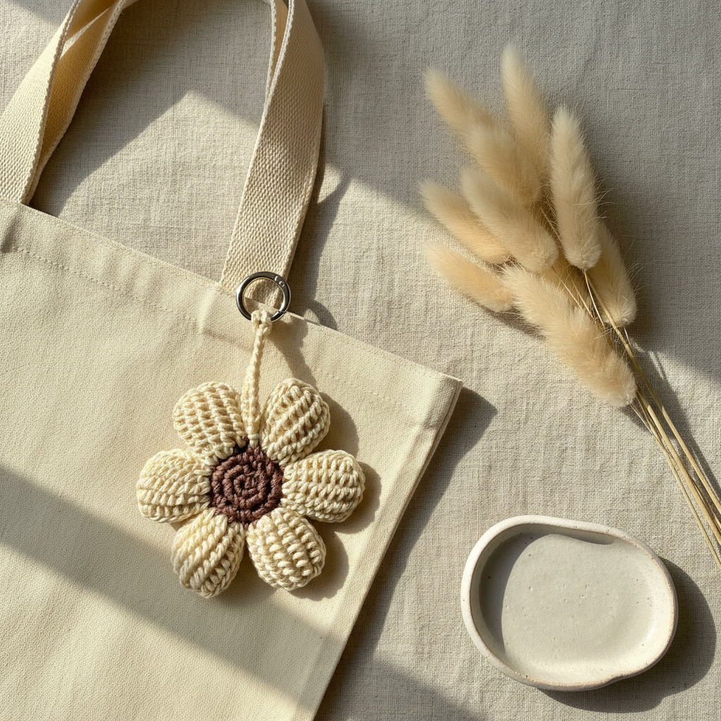 Cream crochet flower charm clipped to cream canvas tote on linen flat lay with pampas grass