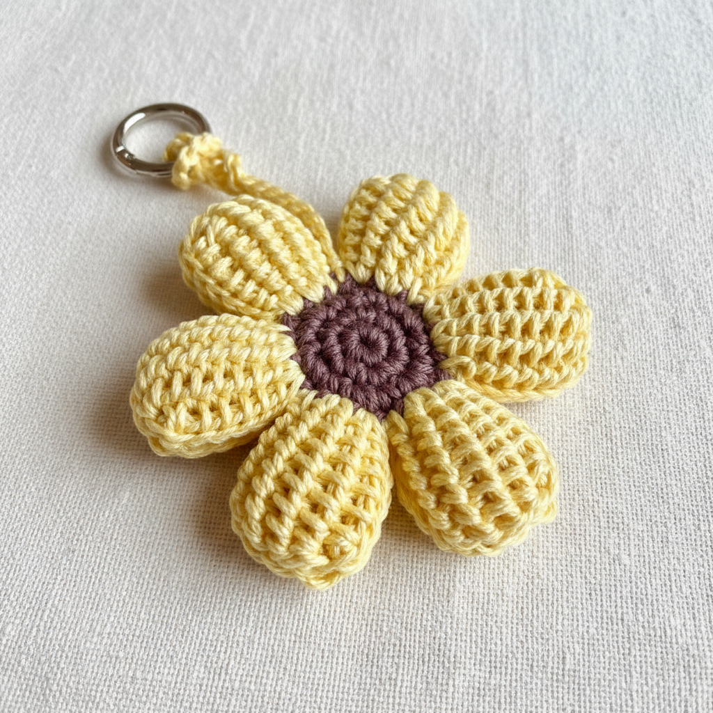 Yellow crochet sunflower charm close-up on clean cream linen background