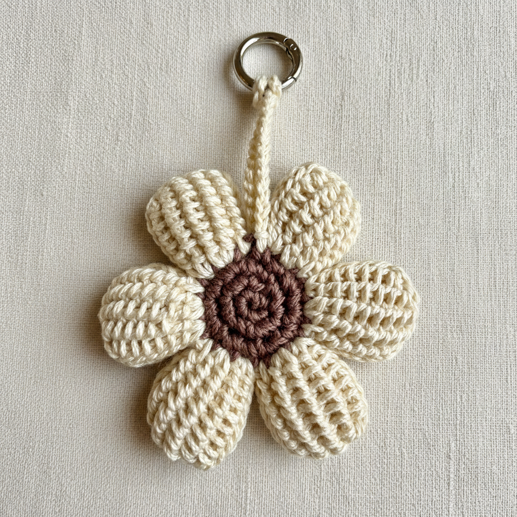 Cream crochet flower charm close-up on clean cream linen background