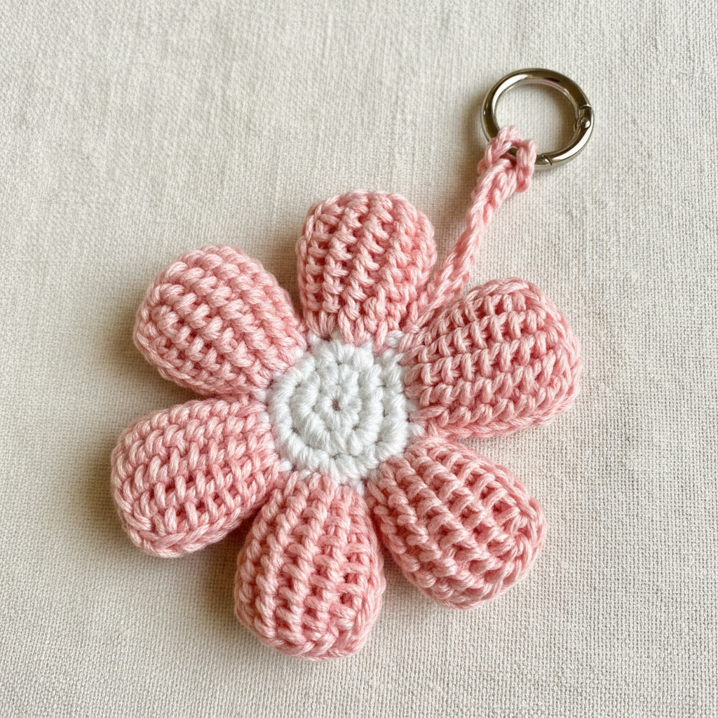 Pink crochet flower charm close-up on clean cream linen background