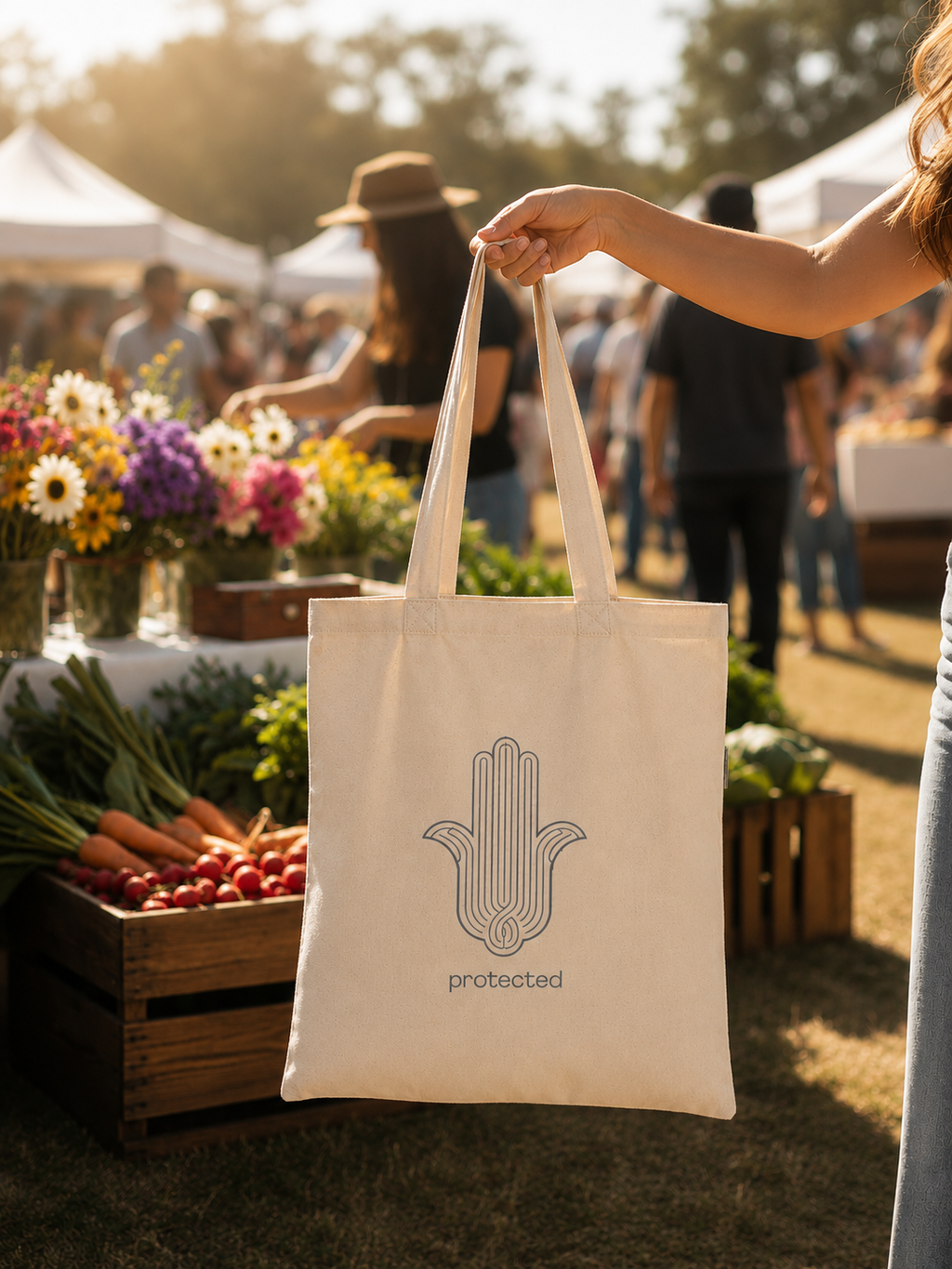 Woman holding Protected Canvas Tote at a sunny farmers market